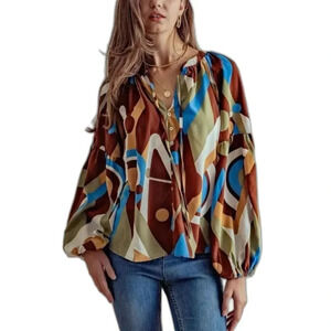 August Sky by Anthropologie Geometric Print Relaxed Fit Peasant Boho Blouse